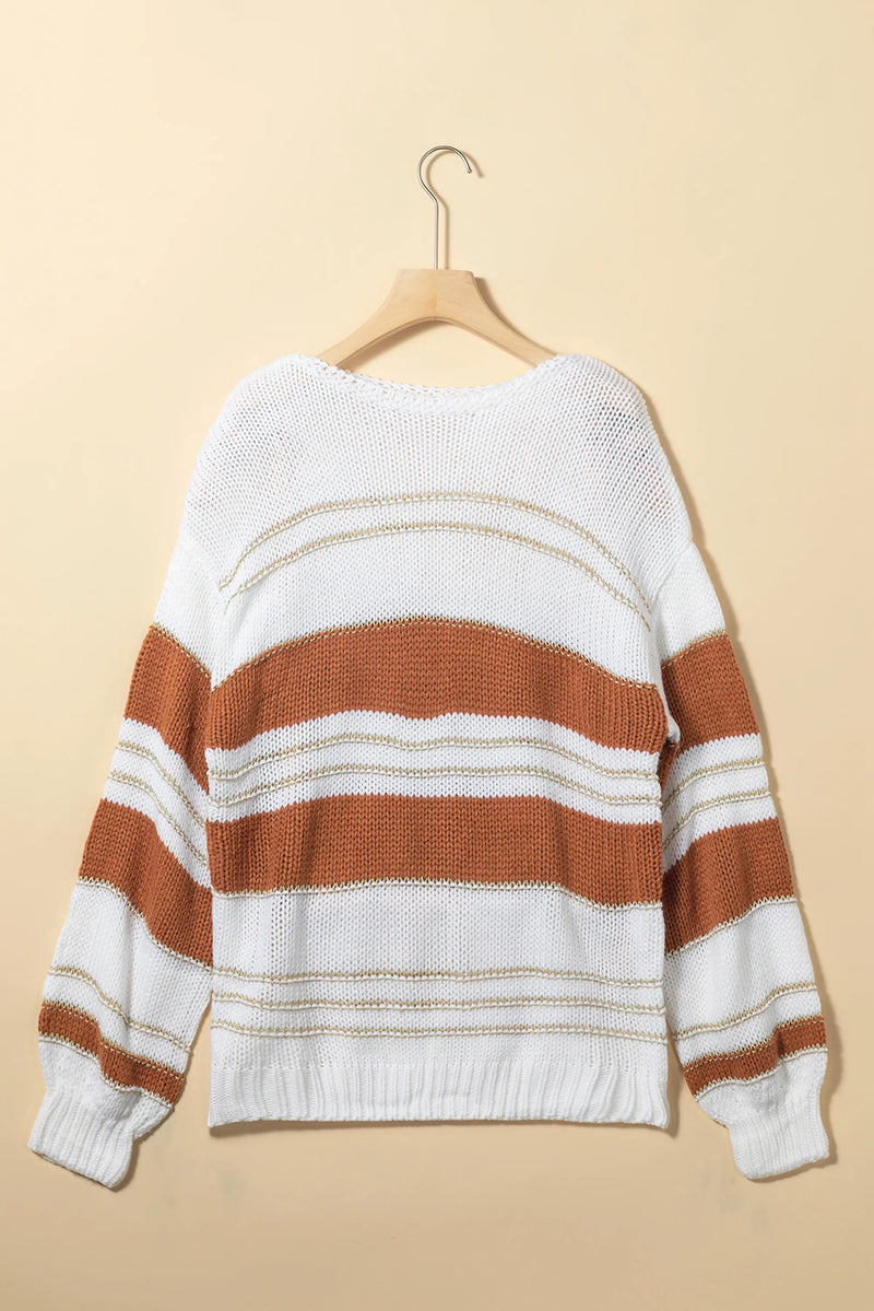 Load image into Gallery viewer, DLLS139 - Ladies White Striped Knit Puff Sleeve Casual Sweater

