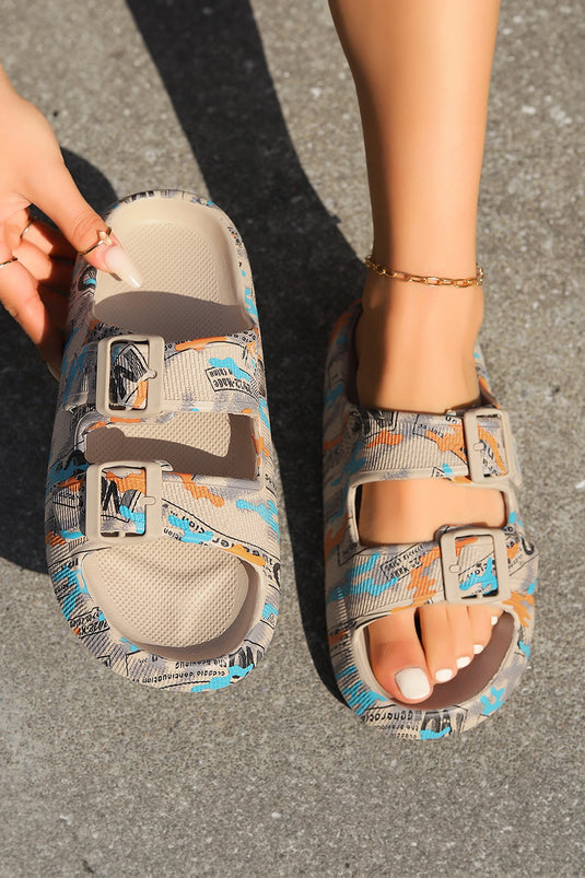 DLLSHOE 70  - Parchment Stylish Textured Printed Double Buckle Comfy Slippers