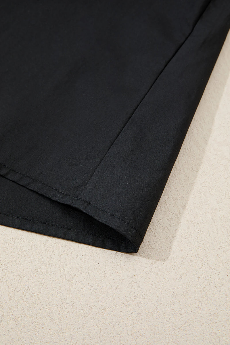 Load image into Gallery viewer, DLLS364 - Ladies Black Short Puff Sleeve Contrast Embroidered Detail V Neck Blouse
