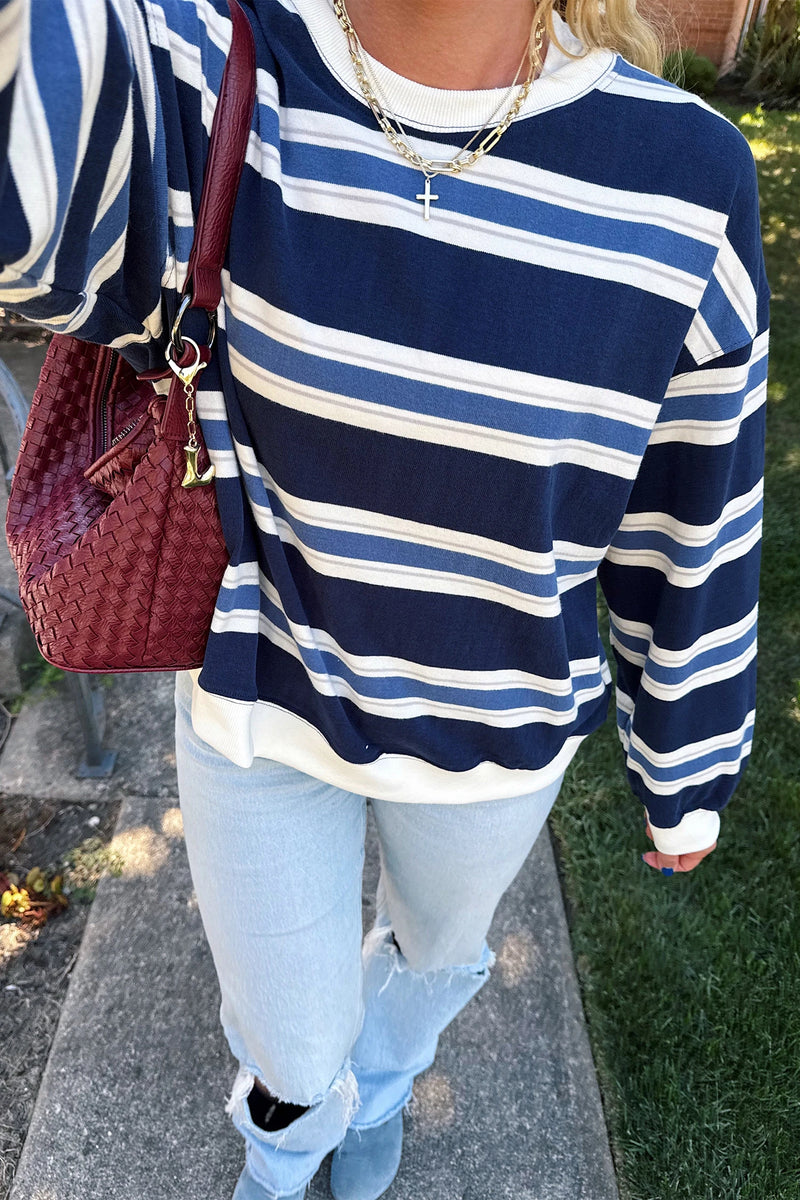 Load image into Gallery viewer, DLLS968 - Ladies Blue Stripe Ribbed Color Block Trim Round Neck Dropped Shoulder Sweatshirt
