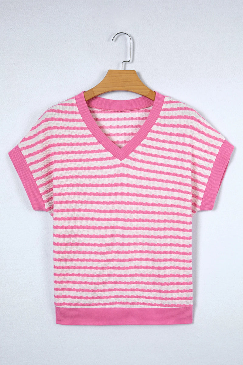 Load image into Gallery viewer, DLLS458 - Ladies Pink Stripe Textured Knit Contrast Trim V Neck Short Sleeve Top
