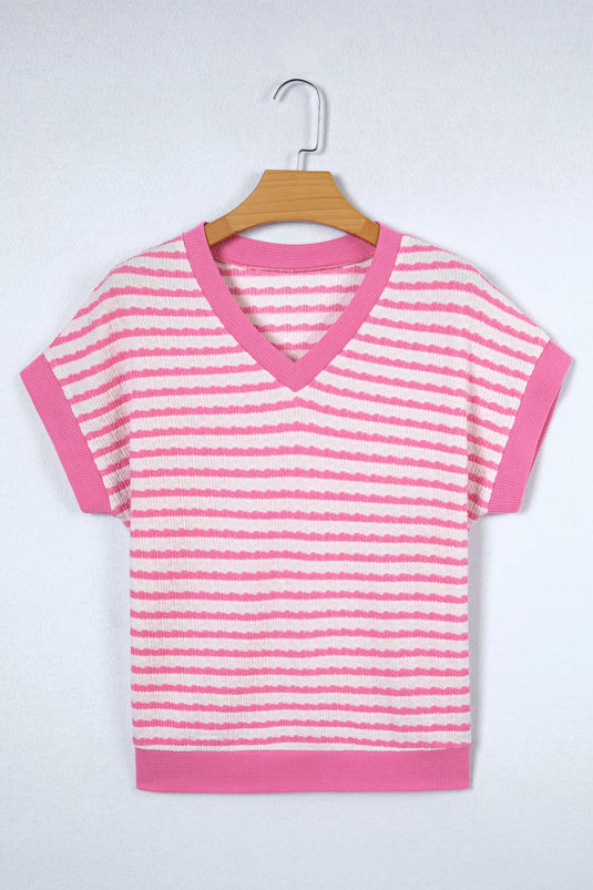 DLLS458 - Ladies Pink Stripe Textured Knit Contrast Trim V Neck Short Sleeve Top