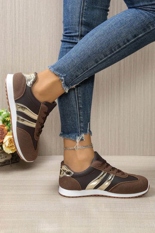 DLLSHOE 10 - Coffee Color Block PU Leather Lace Up Casual Sneakers