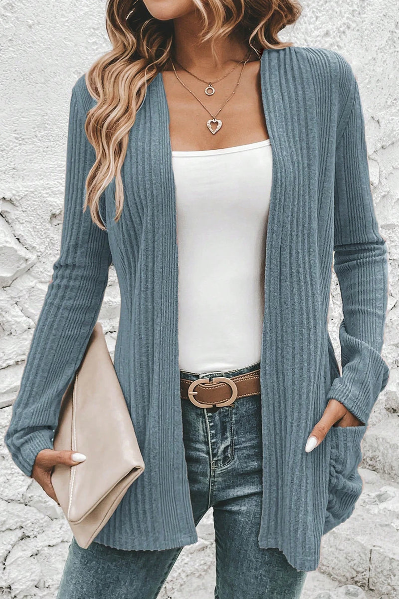Load image into Gallery viewer, DLLS307 - Ladies Stone Blue Ribbed Open Front Knitted Top with Pockets
