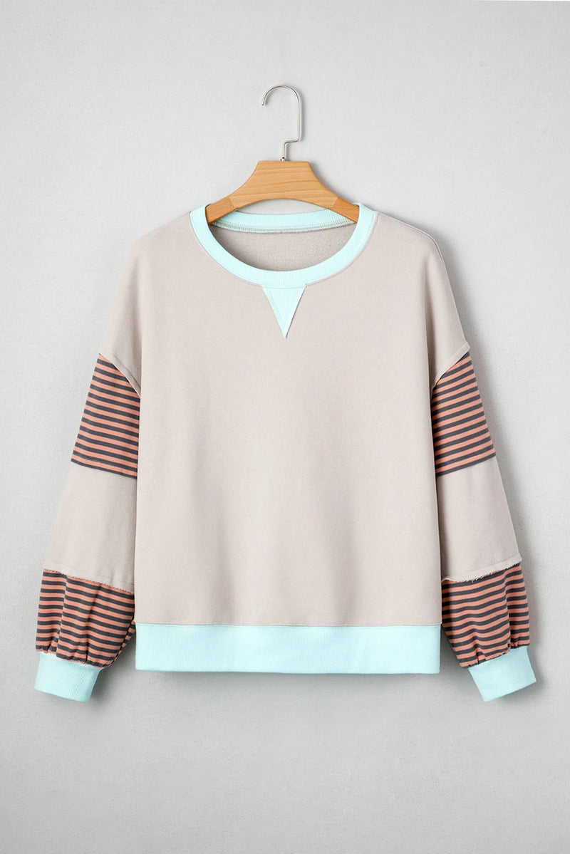 Load image into Gallery viewer, DLLS455 - Ladies Jet Stream Striped Colorblock Patchwork Drop Shoulder Sweatshirt
