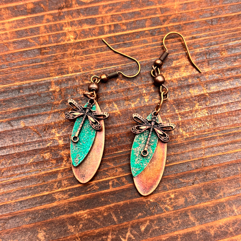 Load image into Gallery viewer, TMER110 - Rustic Dragonfly with Turquoise Accent Earrings
