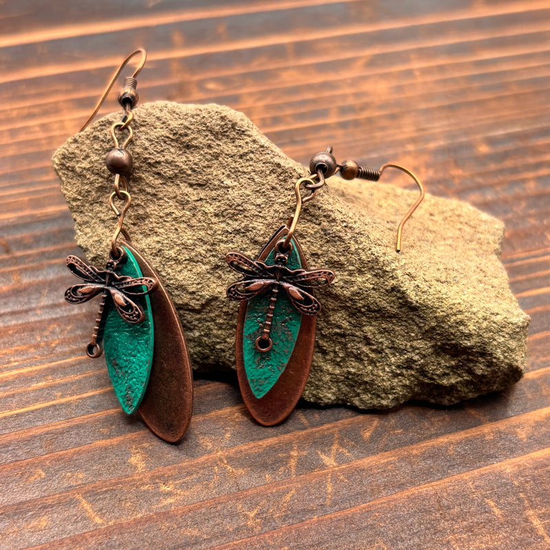 Load image into Gallery viewer, TMER110 - Rustic Dragonfly with Turquoise Accent Earrings
