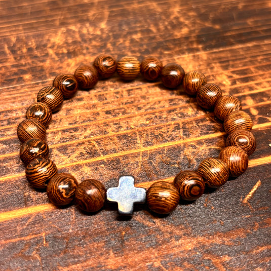 NIHBC11 - Woodgrain Cross Beaded Bracelet