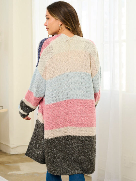WFT 7 - WOMEN'S LONG SLEEVE COLORBLOCK STRIPES OPEN FRONT CARDIGAN