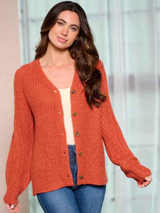 WFT 9 - WOMEN'S RUST LONG SLEEVE BUTTON UP KNIT SWEATER CARDIGAN