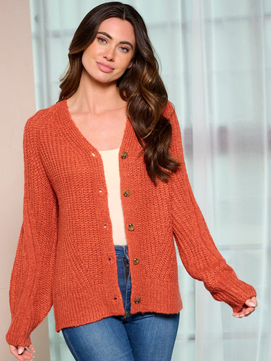 WFT 9 - WOMEN'S RUST LONG SLEEVE BUTTON UP KNIT SWEATER CARDIGAN