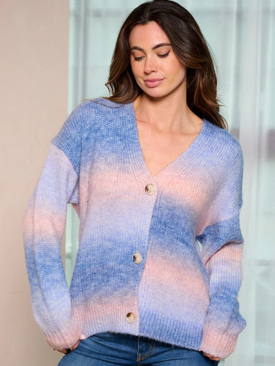 WFT 21 - WOMEN'S LONG SLEEVE BUTTON UP COLORBLOCK SWEATER CARDIGAN