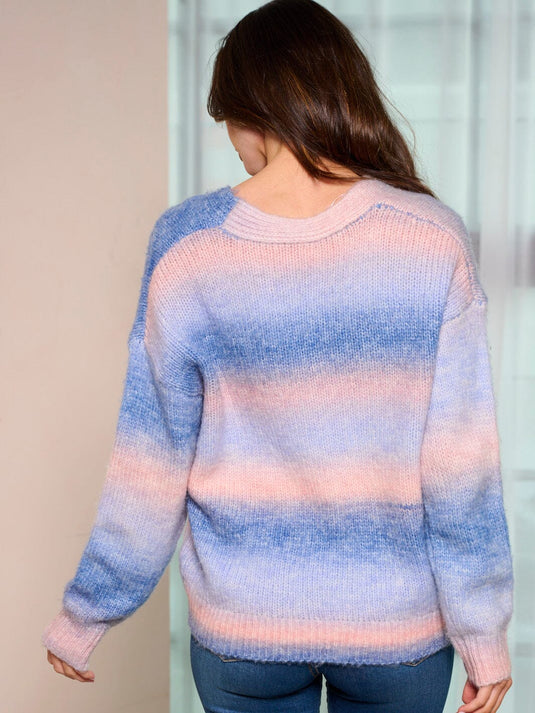 WFT 21 - WOMEN'S LONG SLEEVE BUTTON UP COLORBLOCK SWEATER CARDIGAN