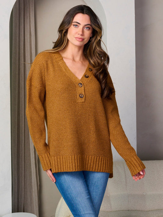 WFT 6 - WOMEN'S CAMEL LONG SLEEVE V-NECK PULLOVER SWEATER