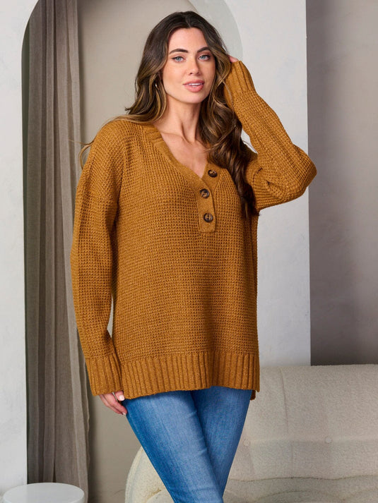 WFT 6 - WOMEN'S CAMEL LONG SLEEVE V-NECK PULLOVER SWEATER