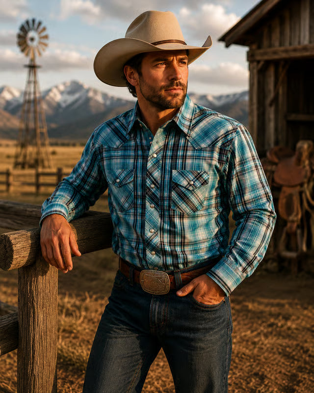 Load image into Gallery viewer, MP-26903 - Men's Blue Black Plaid Woven Shirt With Stretch Fabric
