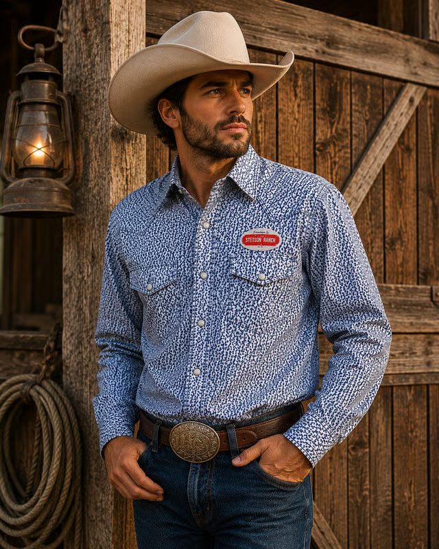 Load image into Gallery viewer, MS3005 - Patterned Blue Men's Woven Shirt with Stretch Fabric
