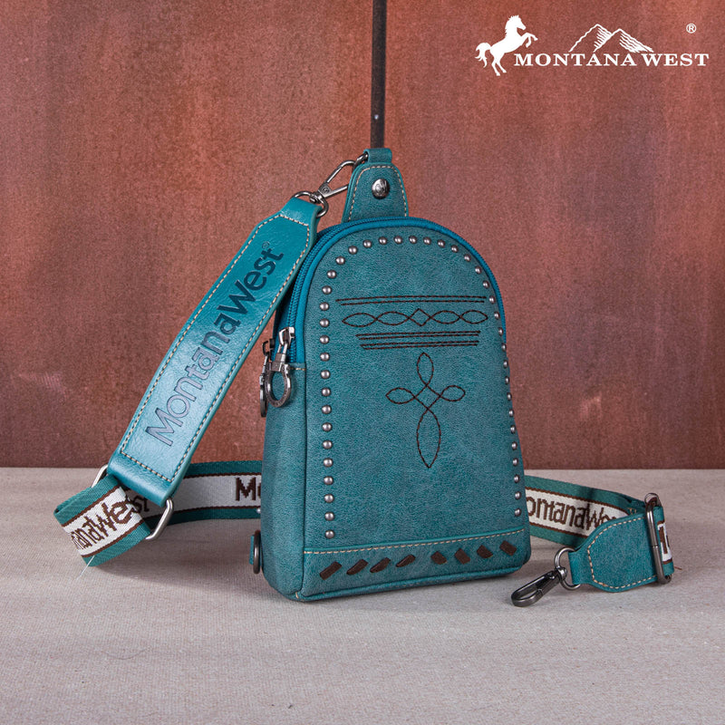 Load image into Gallery viewer, MW1124-210TQ - Montana West Embroidered Boot Stitch Sling Bag - Turquoise
