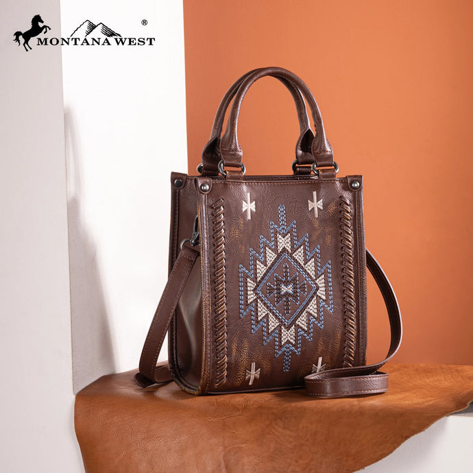 MW1317-1831BR - Montana West Embroidered Aztec Small Tote/Crossbody - Brown