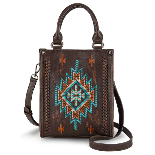 MW1317-1831CF - Montana West Embroidered Aztec Small Tote/Crossbody - Coffee