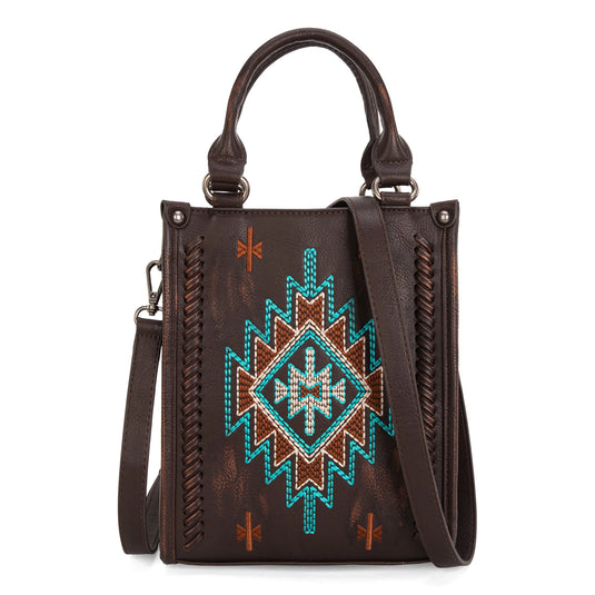 MW1317-1831CF - Montana West Embroidered Aztec Small Tote/Crossbody - Coffee