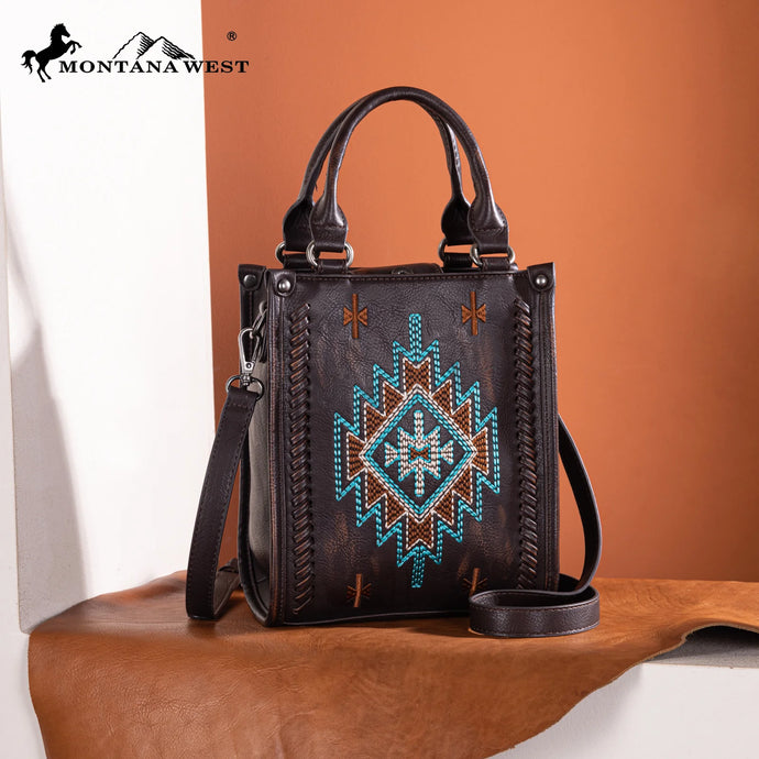 MW1317-1831CF - Montana West Embroidered Aztec Small Tote/Crossbody - Coffee