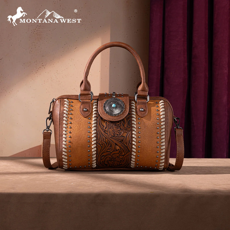 Load image into Gallery viewer, MW1322-8800BR - Montana West Tooled Concho Barrel Satchel Bag/Crossbody
