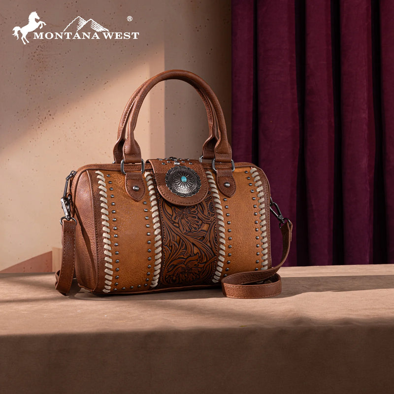 Load image into Gallery viewer, MW1322-8800BR - Montana West Tooled Concho Barrel Satchel Bag/Crossbody
