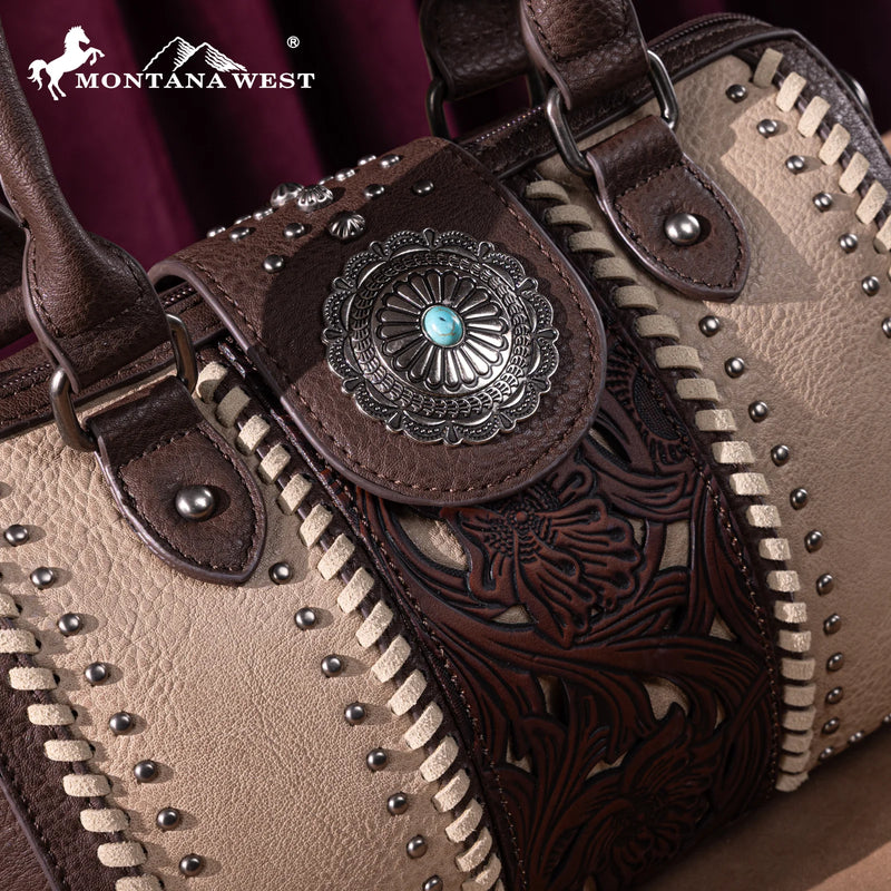 Load image into Gallery viewer, MW1322-8800CF - Montana West Tooled Concho Barrel Satchel Bag/Crossbody
