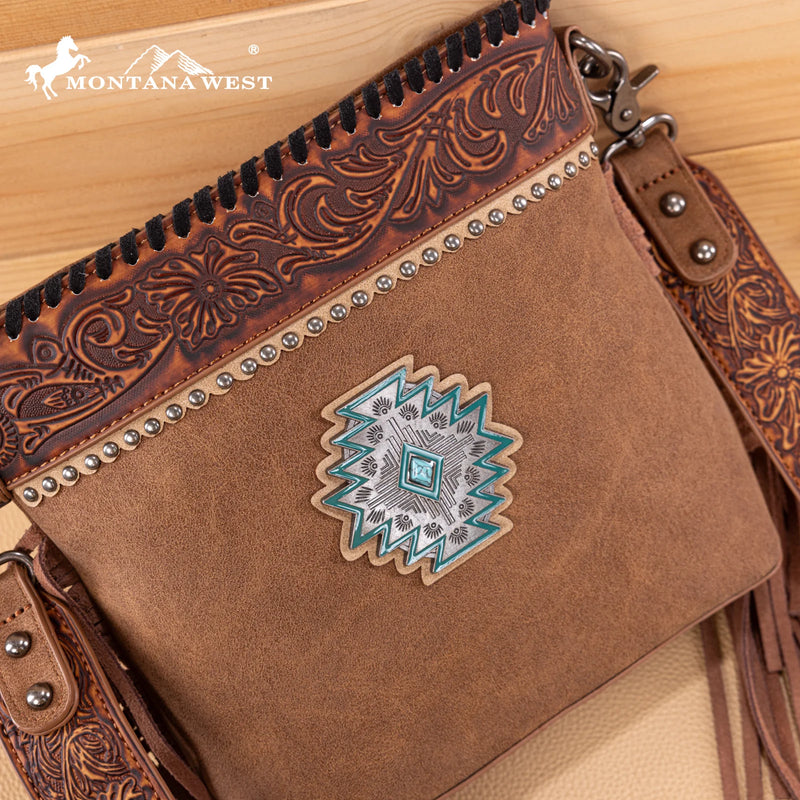 Load image into Gallery viewer, MW1350-8360BR - Montana West Tooled Aztec Concho Collection Crossbody - Brown
