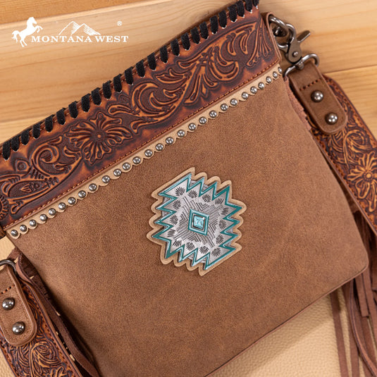 MW1350-8360BR - Montana West Tooled Aztec Concho Collection Crossbody - Brown