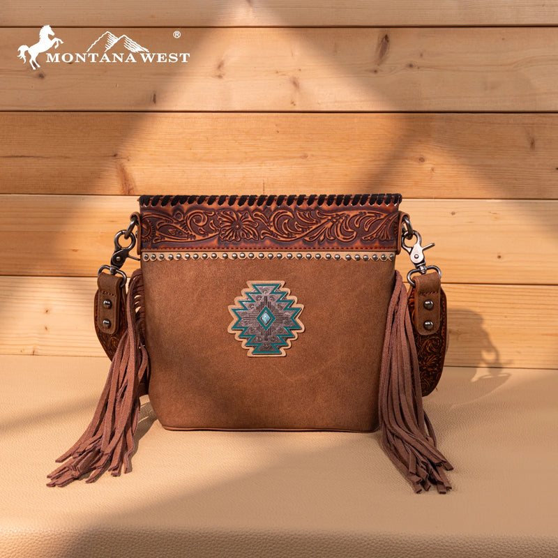Load image into Gallery viewer, MW1350-8360BR - Montana West Tooled Aztec Concho Collection Crossbody - Brown
