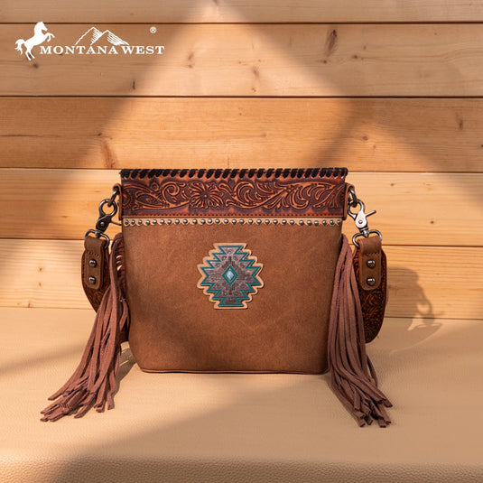 MW1350-8360BR - Montana West Tooled Aztec Concho Collection Crossbody - Brown