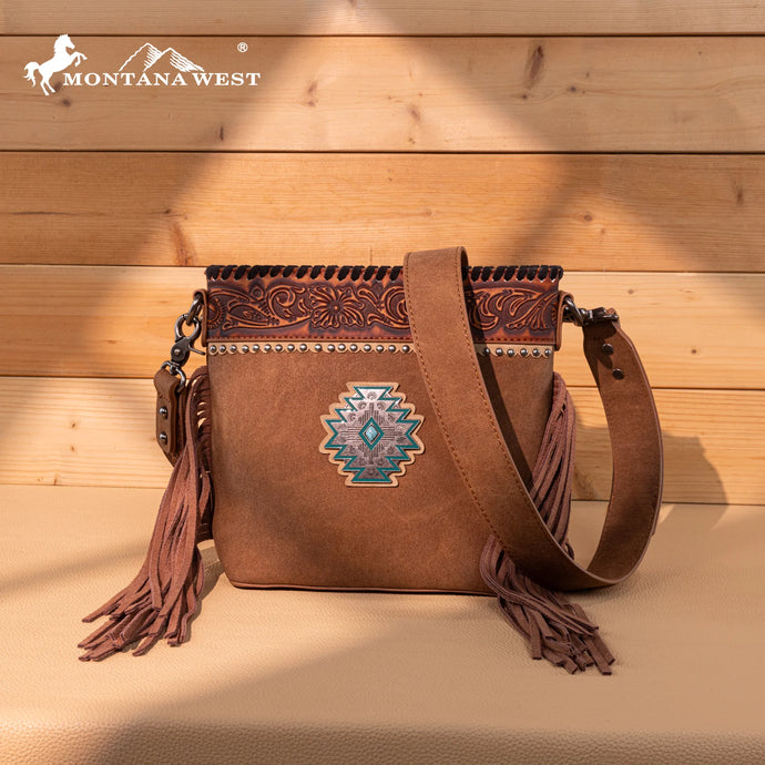 MW1350-8360BR - Montana West Tooled Aztec Concho Collection Crossbody - Brown