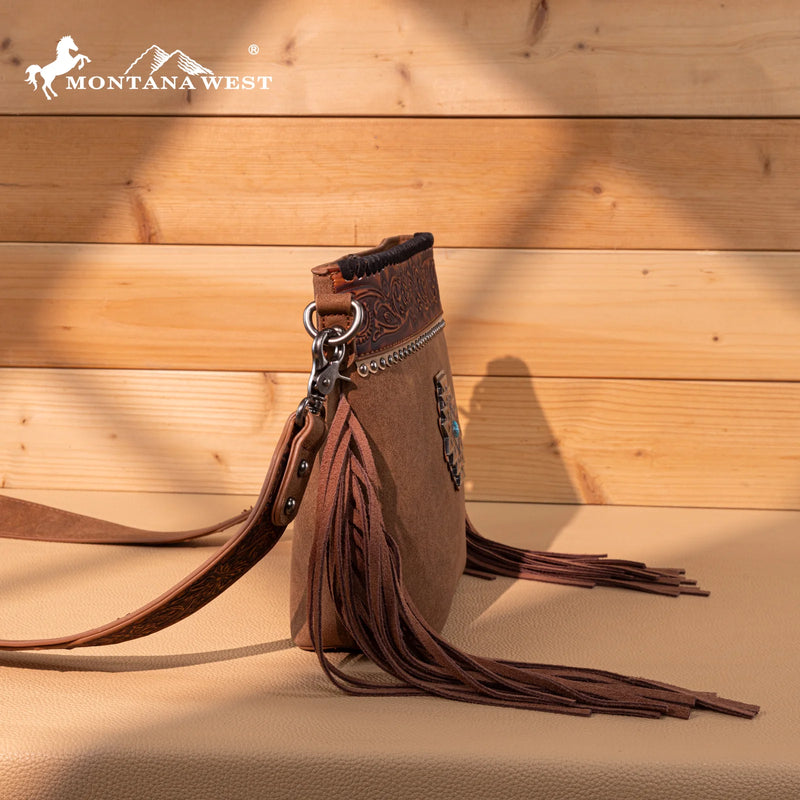 Load image into Gallery viewer, MW1350-8360BR - Montana West Tooled Aztec Concho Collection Crossbody - Brown
