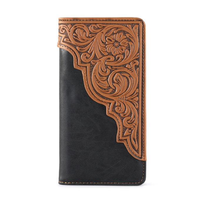 MW-612BK - Embossed Floral Men's Bifold Long PU Leather Wallet