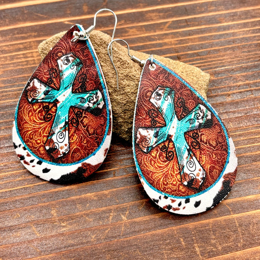 NIHER90 - PU Leather Western Turquoise Cross Earrings