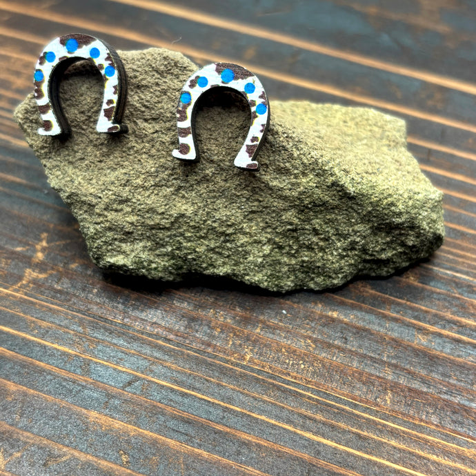 NIHER103 - Horse Shoe Turquoise Wooden Stud Earrings