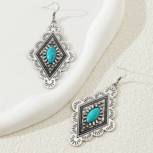 NIHER135 - Elegant Diamond Drop Earrings W/ Turquoise Inlay