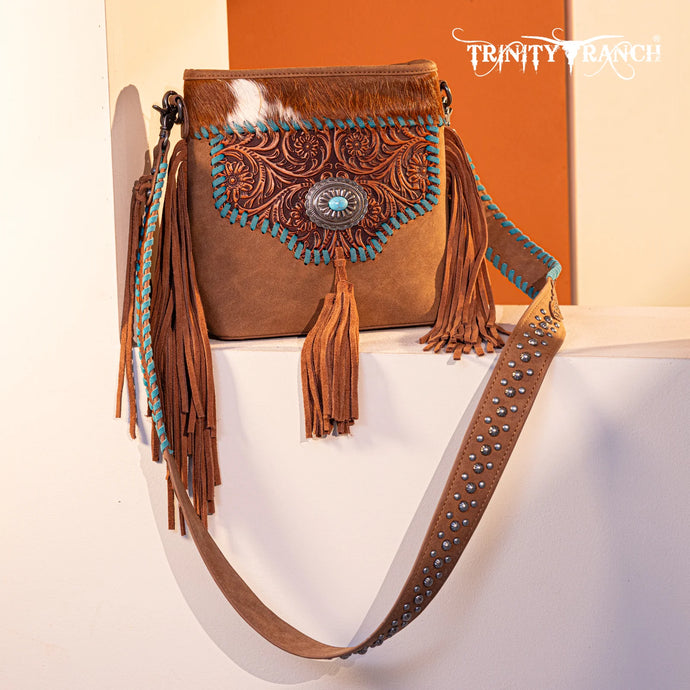 TR177G-9360BR - Trinity Ranch Hair-On Cowhide Floral Tooled Concealed Carry Crossbody Bag - Brown