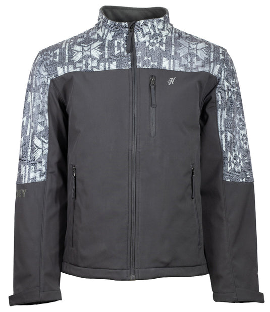 HJ092CHAZ - Hooey Mens Softshell Jacket, Charcoal Full Zip with Charcoal / Grey Aztec Sleeves