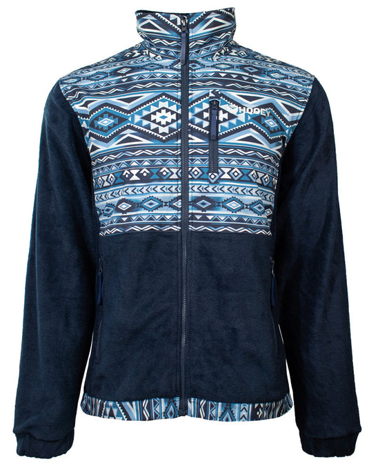 HJ091NVAZ-Y - Hooey Youth Mens Tech Fleece, Navy Aztec Pattern Full Zip with Navy Fleece