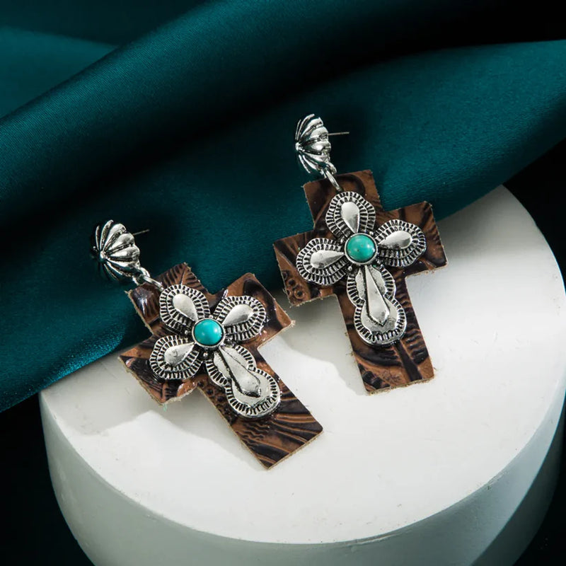 Load image into Gallery viewer, GOODER 11 - PU Leather Cross Turquoise Inlay Drop Earrings
