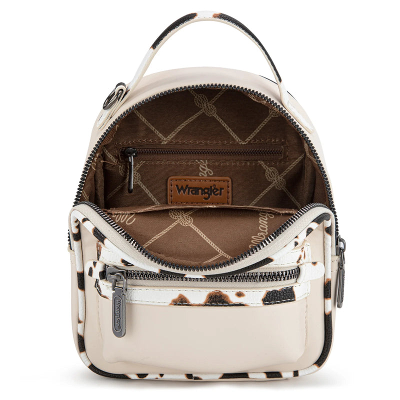 Load image into Gallery viewer, WG102-8600TN - Wrangler Cow Print Trimmed Mini Backpack With Coin Pouch - Tan
