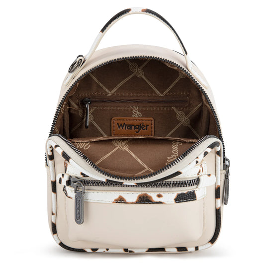 WG102-8600TN - Wrangler Cow Print Trimmed Mini Backpack With Coin Pouch - Tan