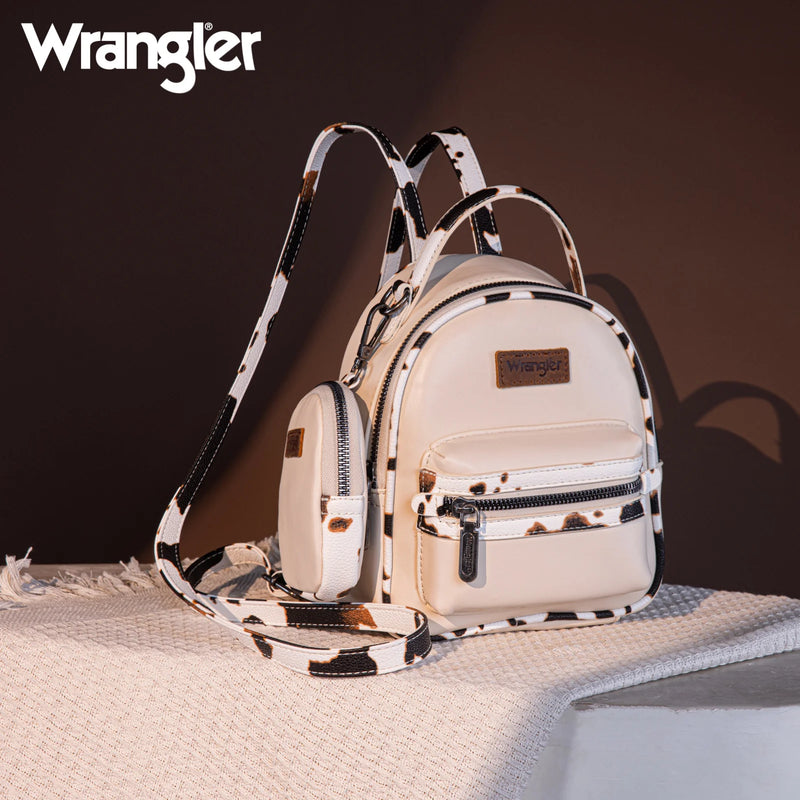 Load image into Gallery viewer, WG102-8600TN - Wrangler Cow Print Trimmed Mini Backpack With Coin Pouch - Tan
