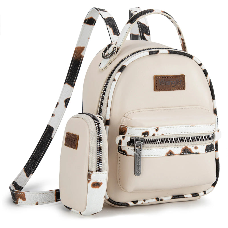 Load image into Gallery viewer, WG102-8600TN - Wrangler Cow Print Trimmed Mini Backpack With Coin Pouch - Tan
