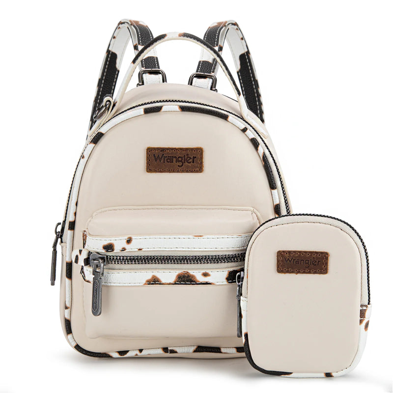 Load image into Gallery viewer, WG102-8600TN - Wrangler Cow Print Trimmed Mini Backpack With Coin Pouch - Tan
