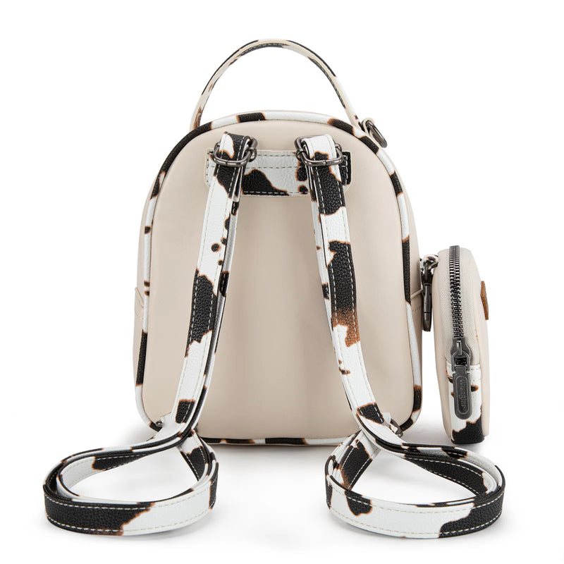 Load image into Gallery viewer, WG102-8600TN - Wrangler Cow Print Trimmed Mini Backpack With Coin Pouch - Tan
