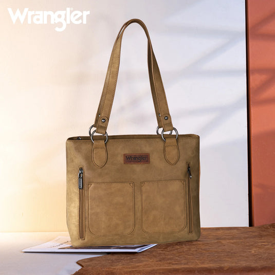 WRS-1017LBR - Wrangler Multi Pockets Concealed Carry Tote - Light Brown